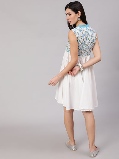 White & Blue Hand Block Print Short Dress