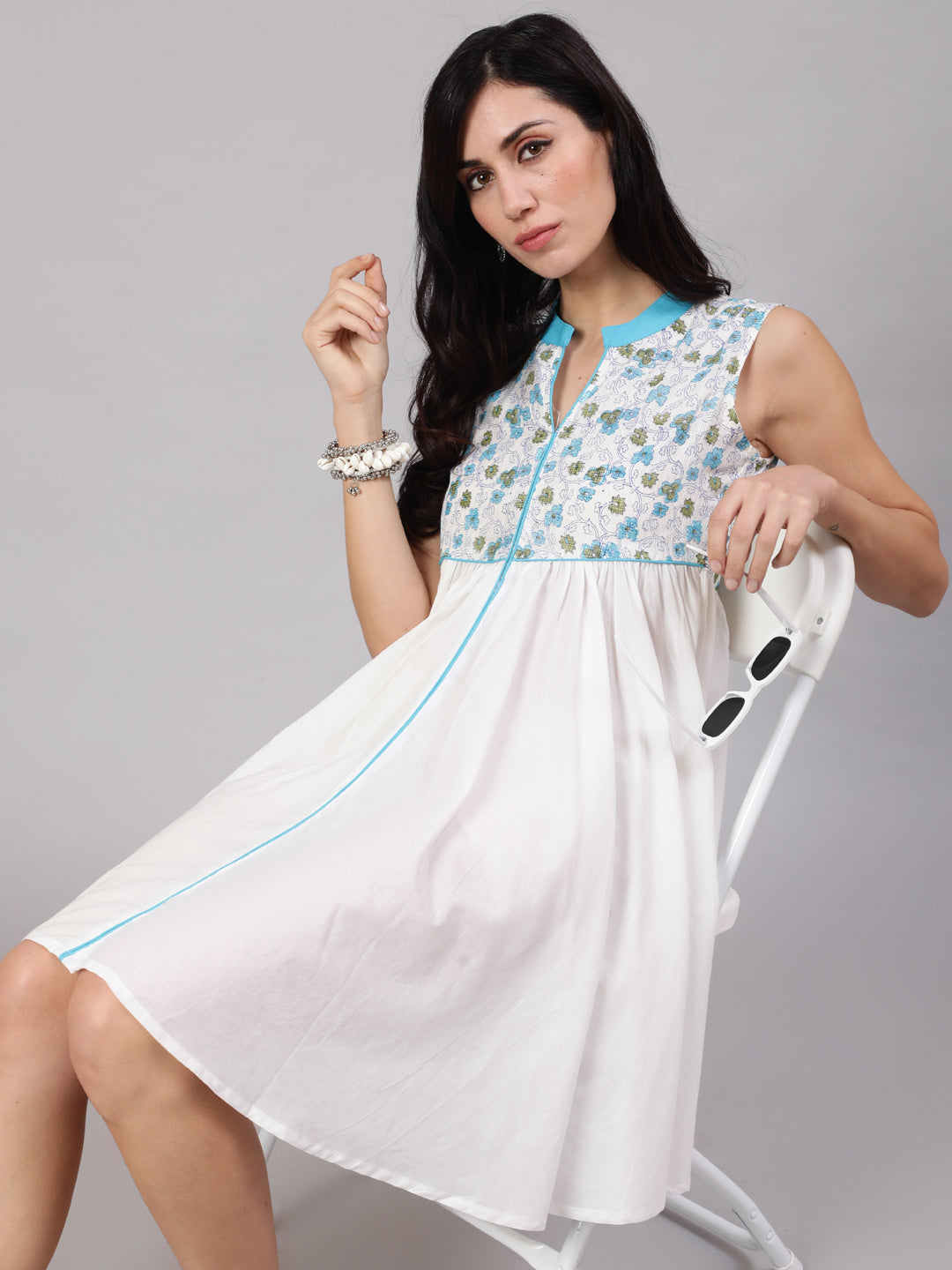 White & Blue Hand Block Print Short Dress