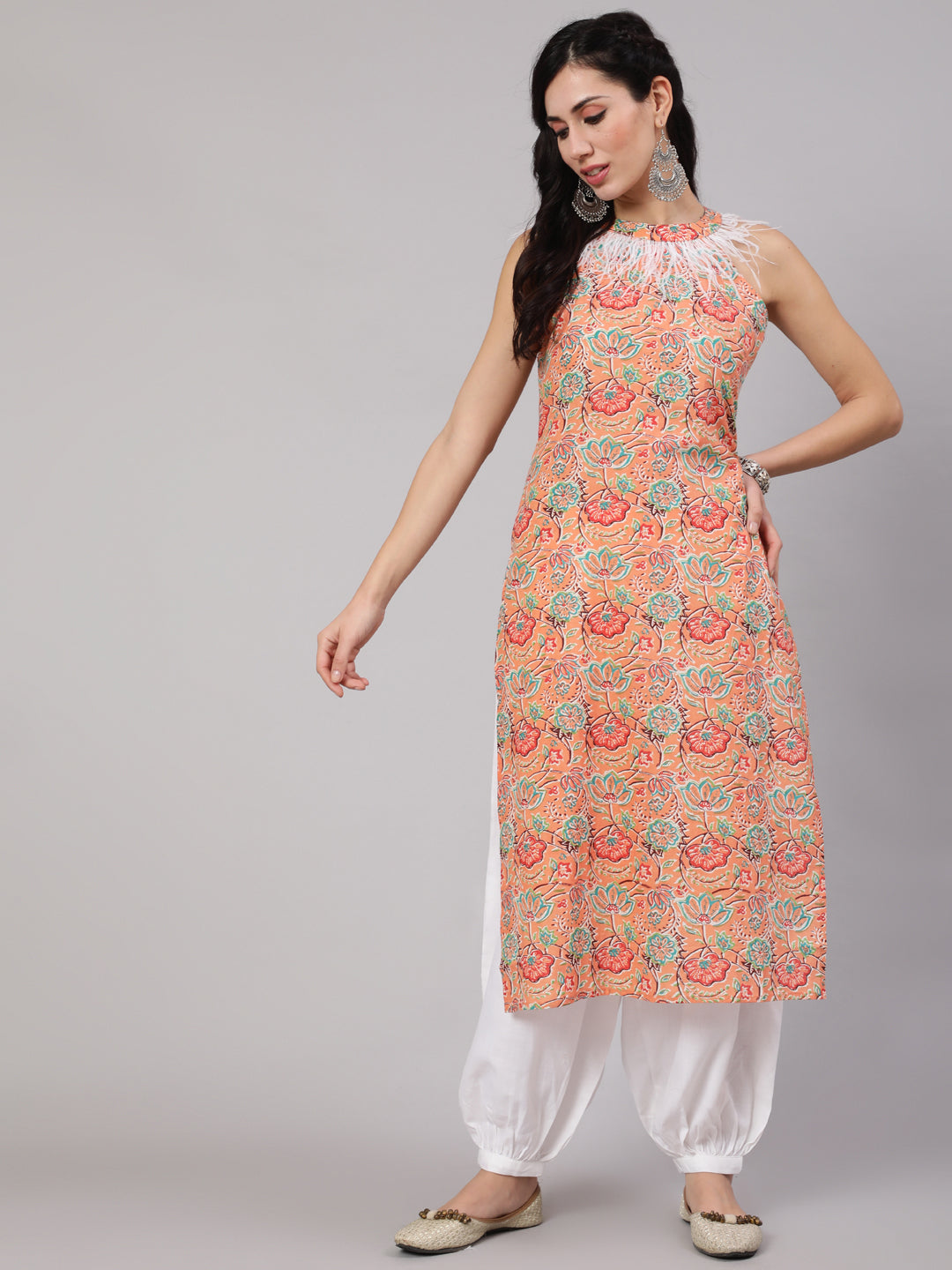 Peach Floral Print Kurta With Feather Lace Details