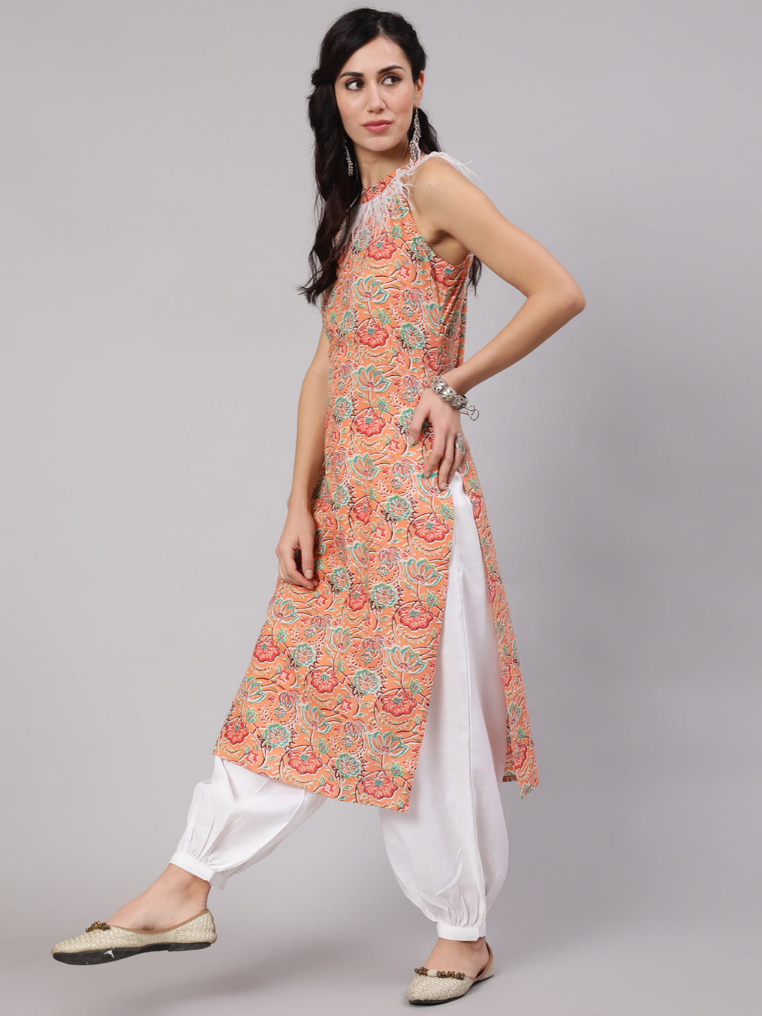 Peach Floral Print Kurta With Feather Lace Details