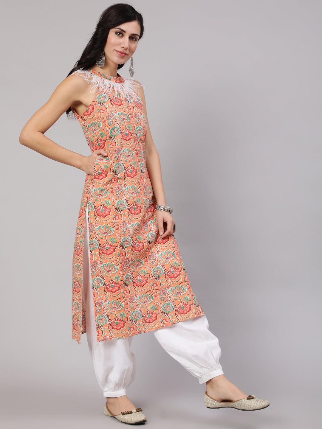 Peach Floral Print Kurta With Feather Lace Details