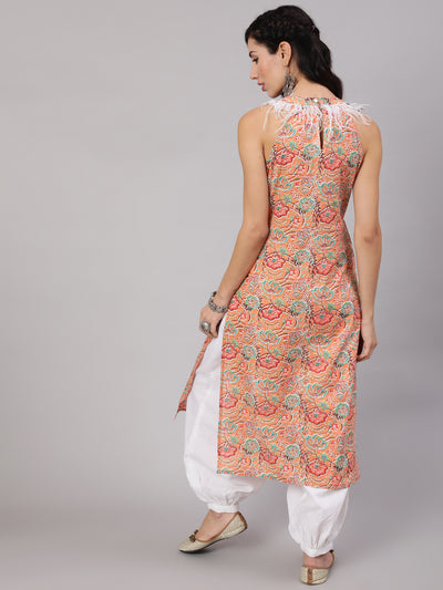 Peach Floral Print Kurta With Feather Lace Details