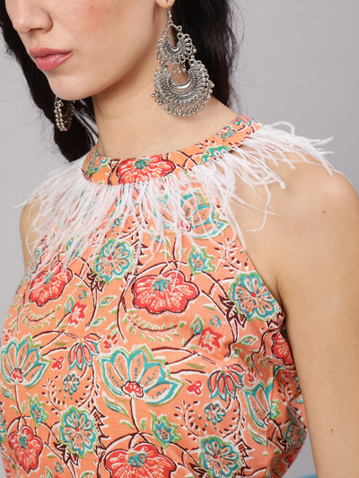 Peach Floral Print Kurta With Feather Lace Details