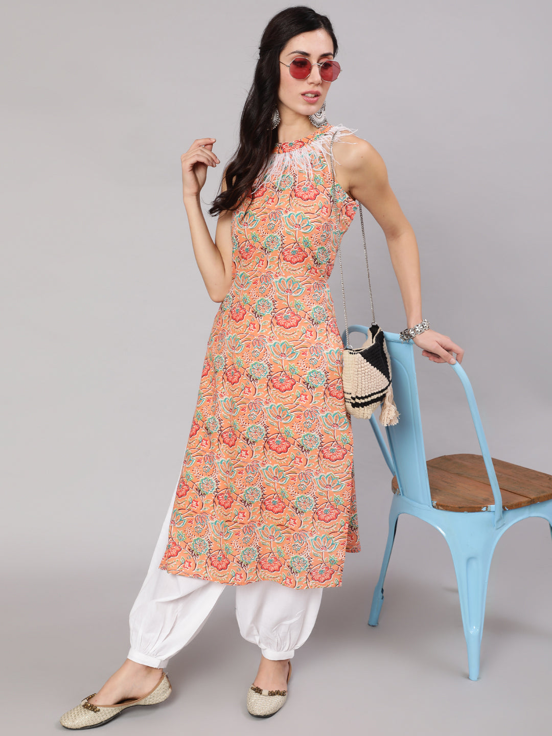 Peach Floral Print Kurta With Feather Lace Details