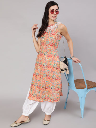 Peach Floral Print Kurta With Feather Lace Details