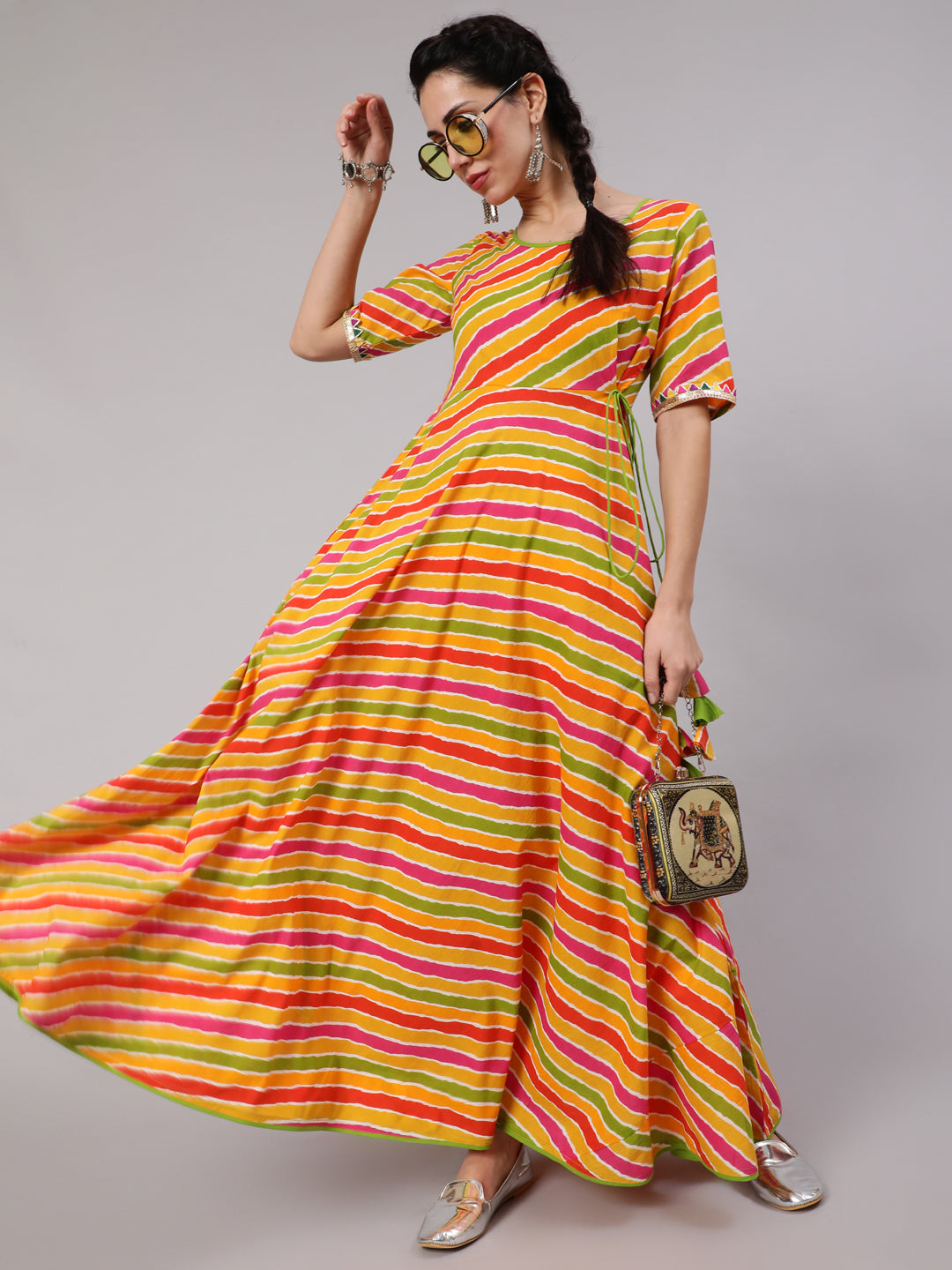 Multicolor Leheriya Print Maxi Dress