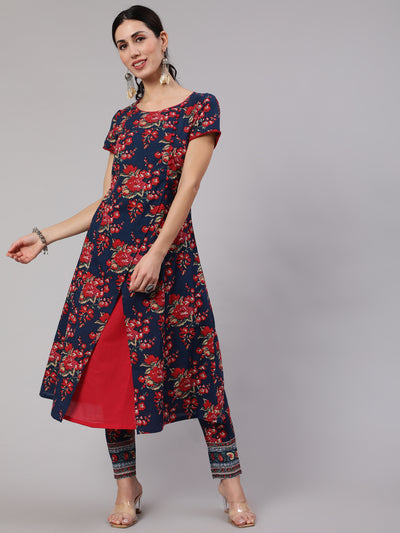 Navy Blue Floral Print Layered A-Line Kurta