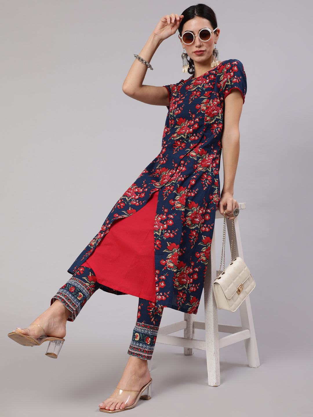 Navy Blue Floral Print Layered A-Line Kurta