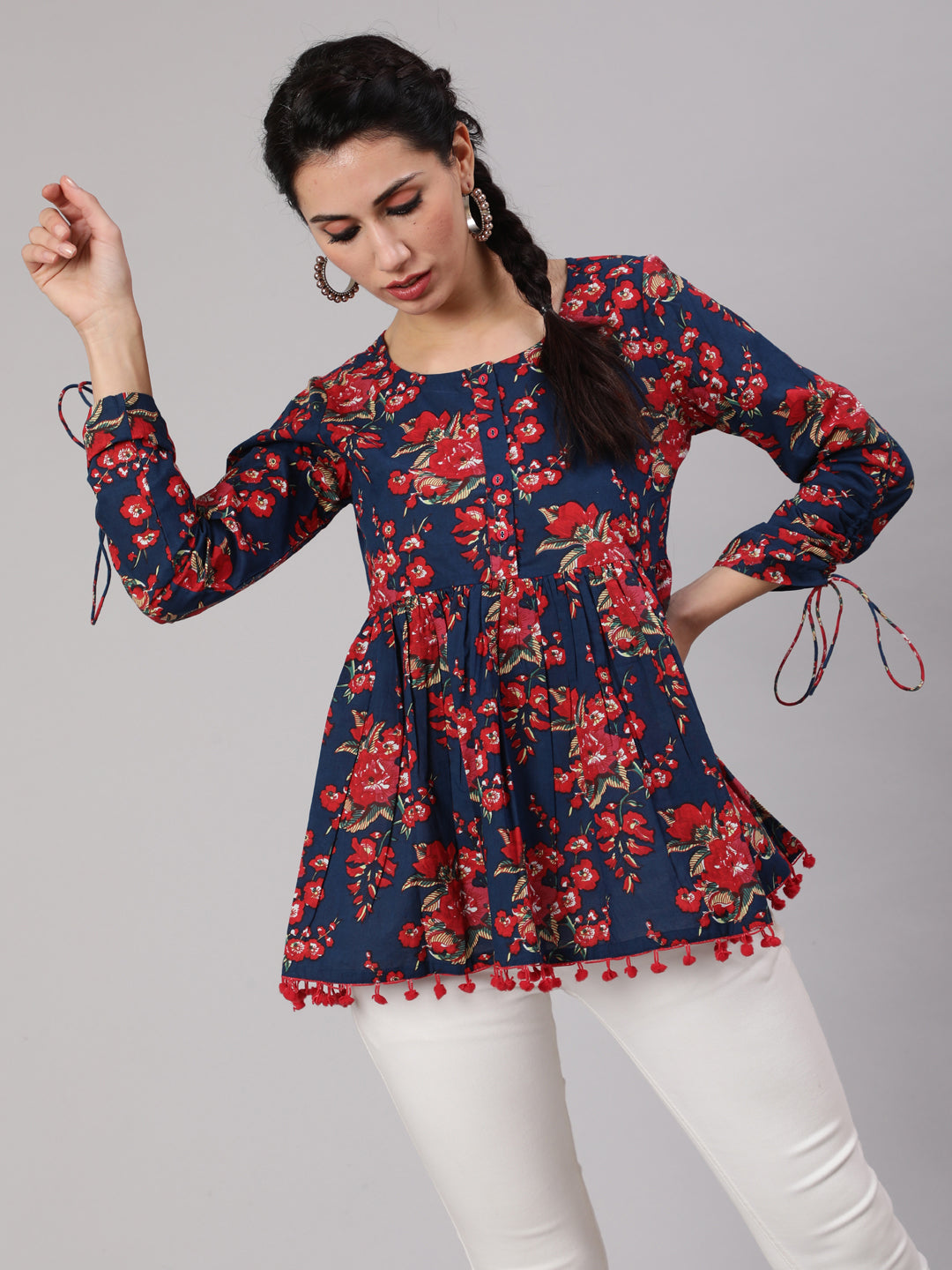 Navy Blue Floral Printed Gathered Tunic