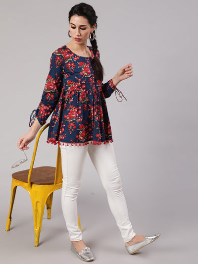 Navy Blue Floral Printed Gathered Tunic