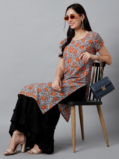 Grey Floral Printed Straight Kurta