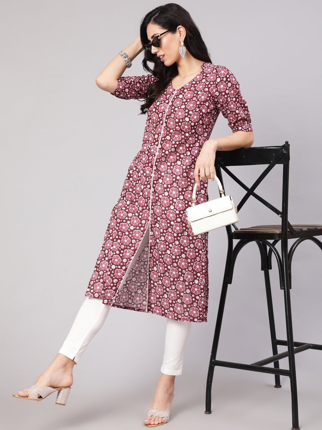Purple Floral Print Lurex Kurta