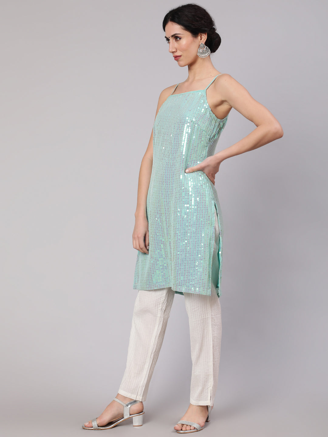 Sea Green Sequin Straight Kurta