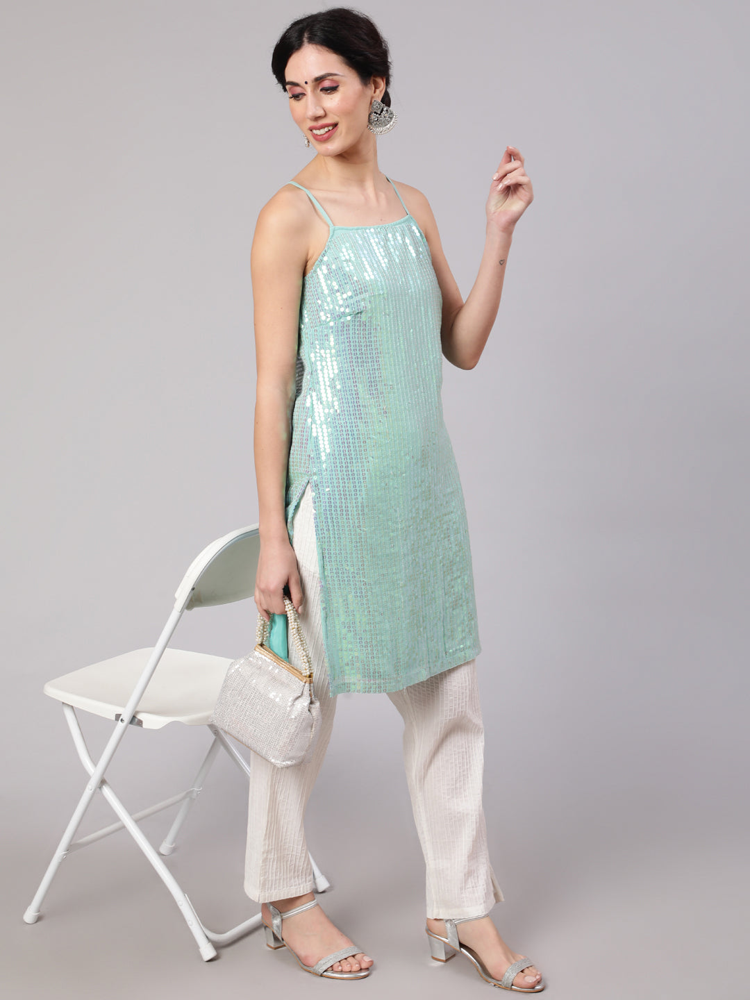 Sea Green Sequin Straight Kurta