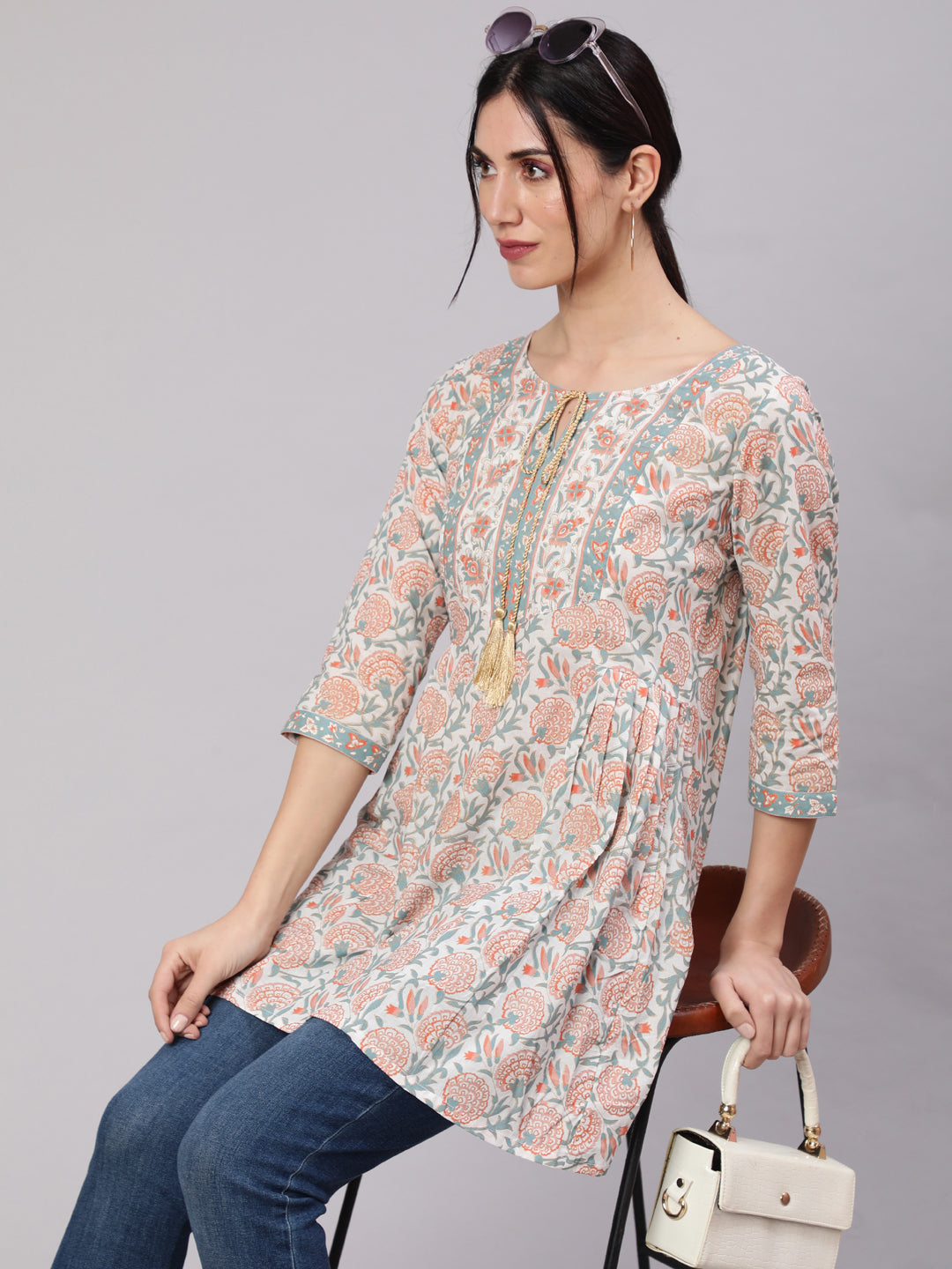 White Floral Print Straight Tunic
