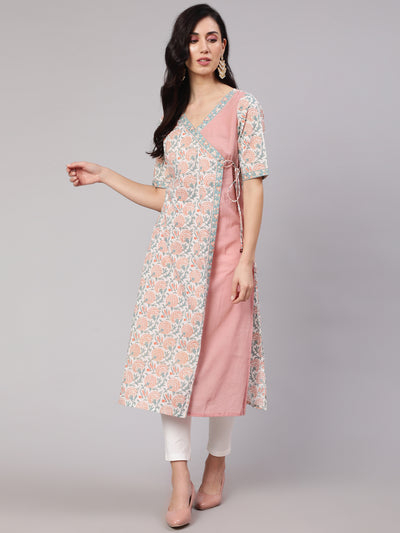 White & Pink Floral Print Layered Kurta