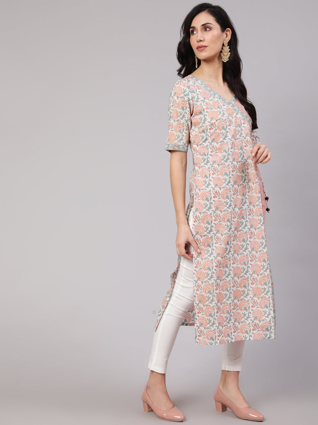 White & Pink Floral Print Layered Kurta