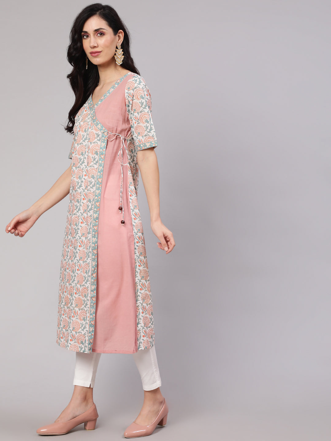 White & Pink Floral Print Layered Kurta