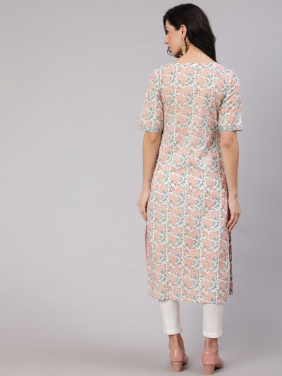 White & Pink Floral Print Layered Kurta