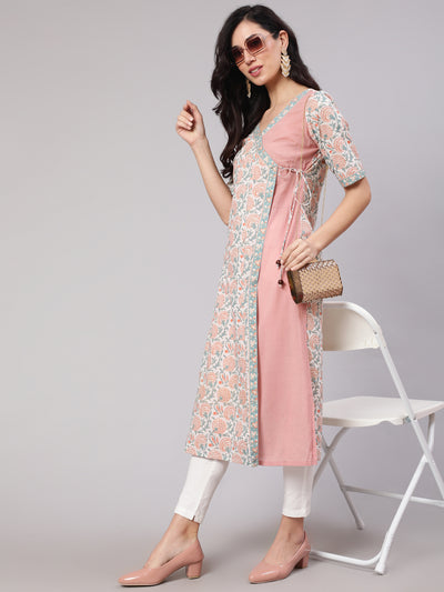 White & Pink Floral Print Layered Kurta