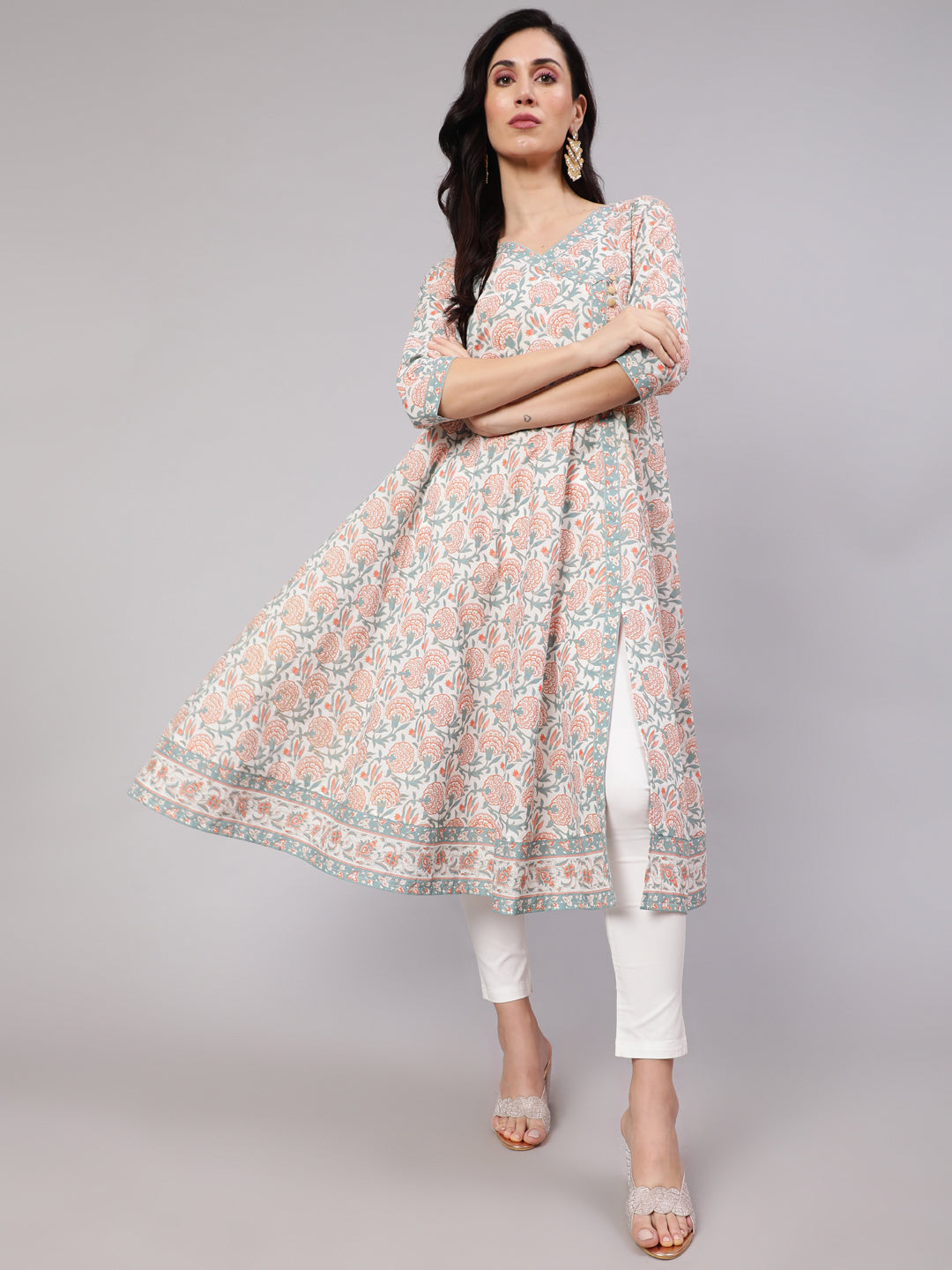 White Floral Print Front Slit Anarkali Kurta