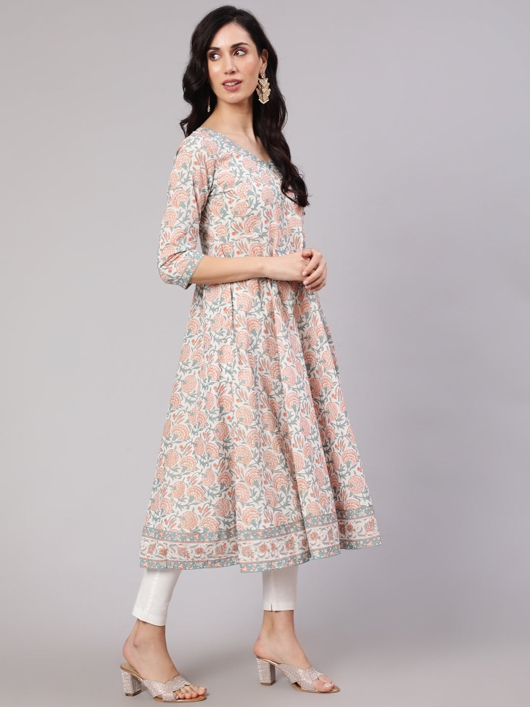 White Floral Print Front Slit Anarkali Kurta