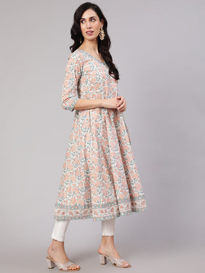 White Floral Print Front Slit Anarkali Kurta