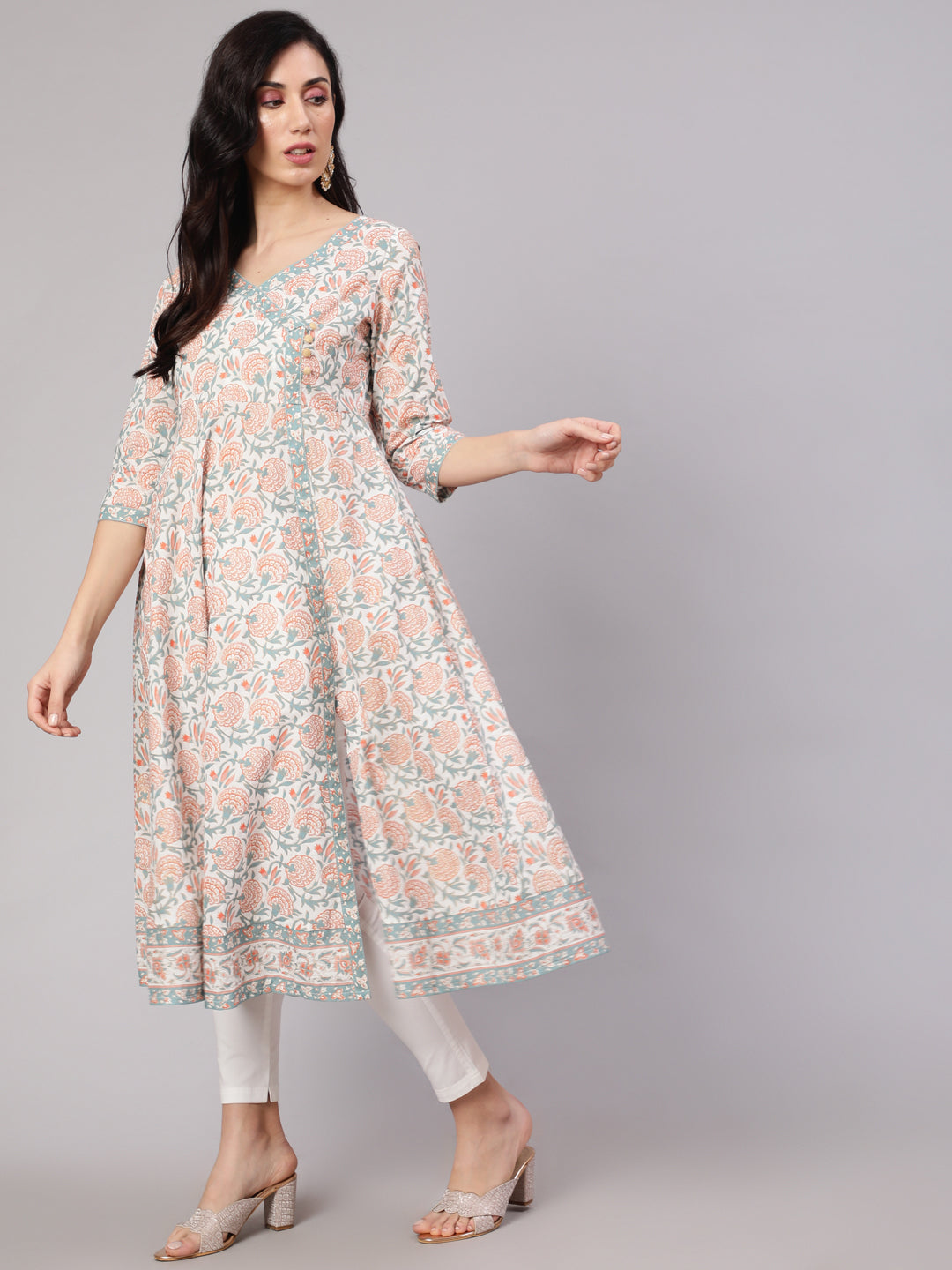 White Floral Print Front Slit Anarkali Kurta