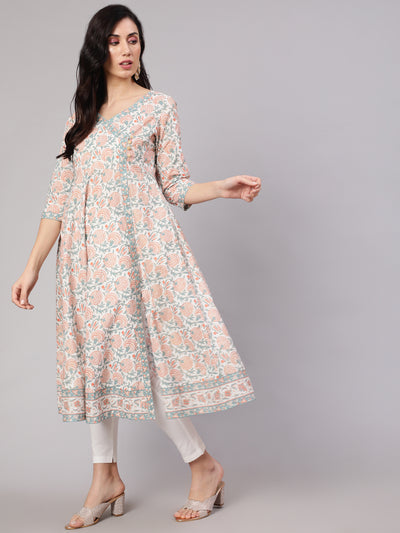 White Floral Print Front Slit Anarkali Kurta