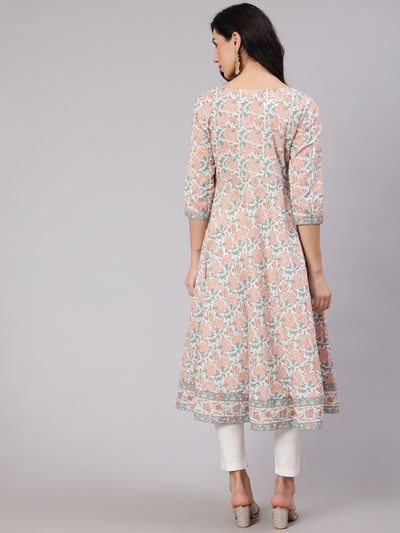 White Floral Print Front Slit Anarkali Kurta