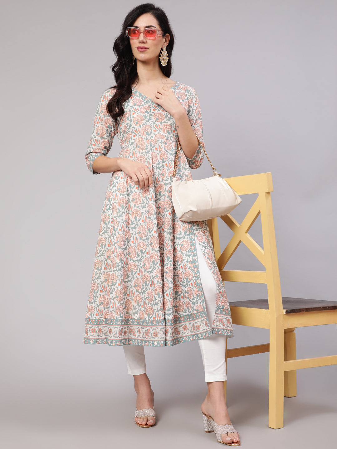 White Floral Print Front Slit Anarkali Kurta
