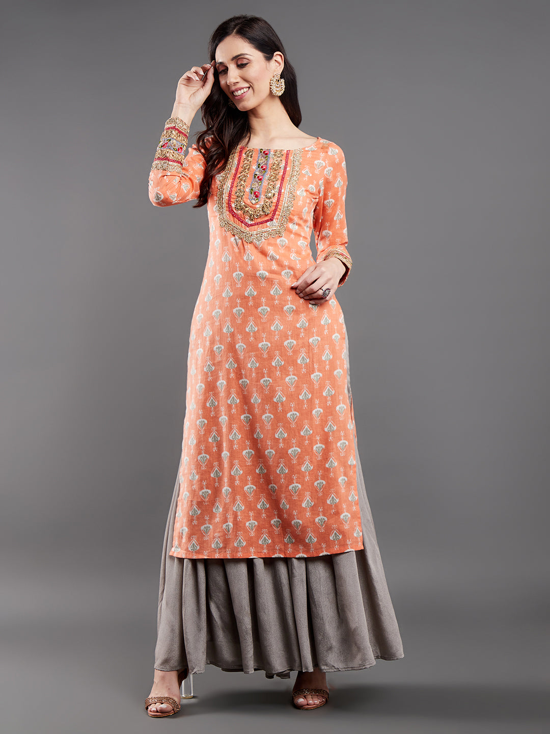 Peach Printed Kurta With Lace Details