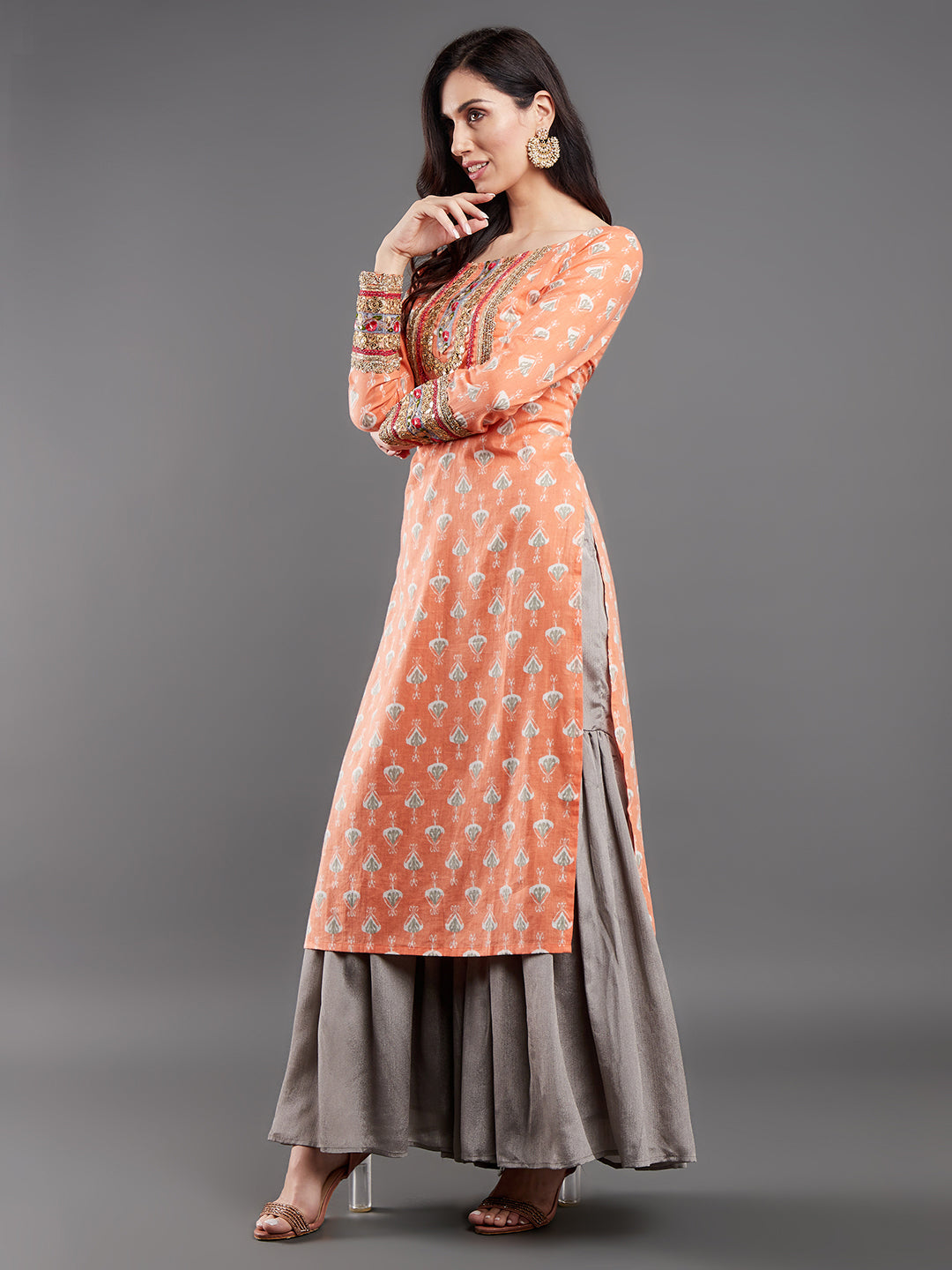 Peach Printed Kurta With Lace Details