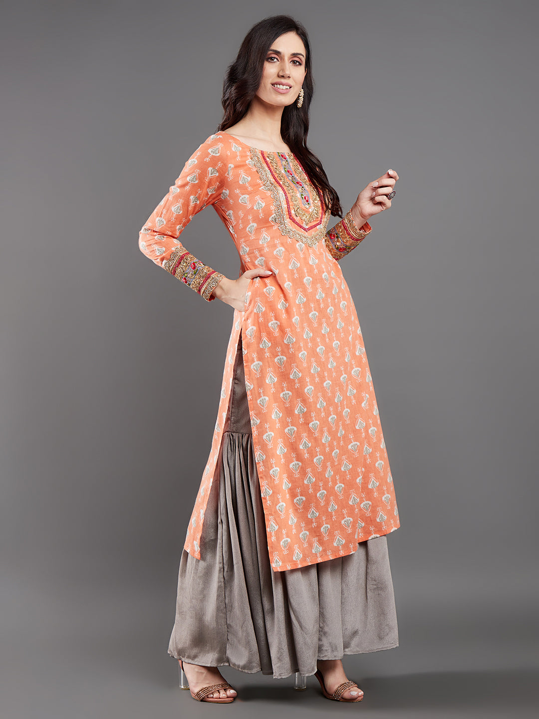 Peach Printed Kurta With Lace Details