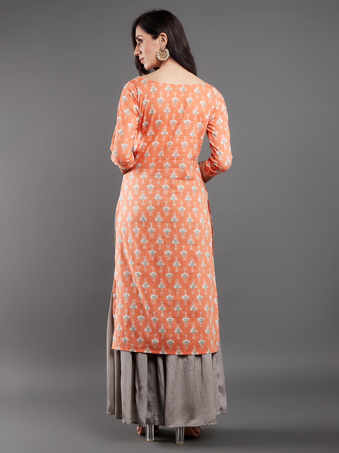Peach Printed Kurta With Lace Details