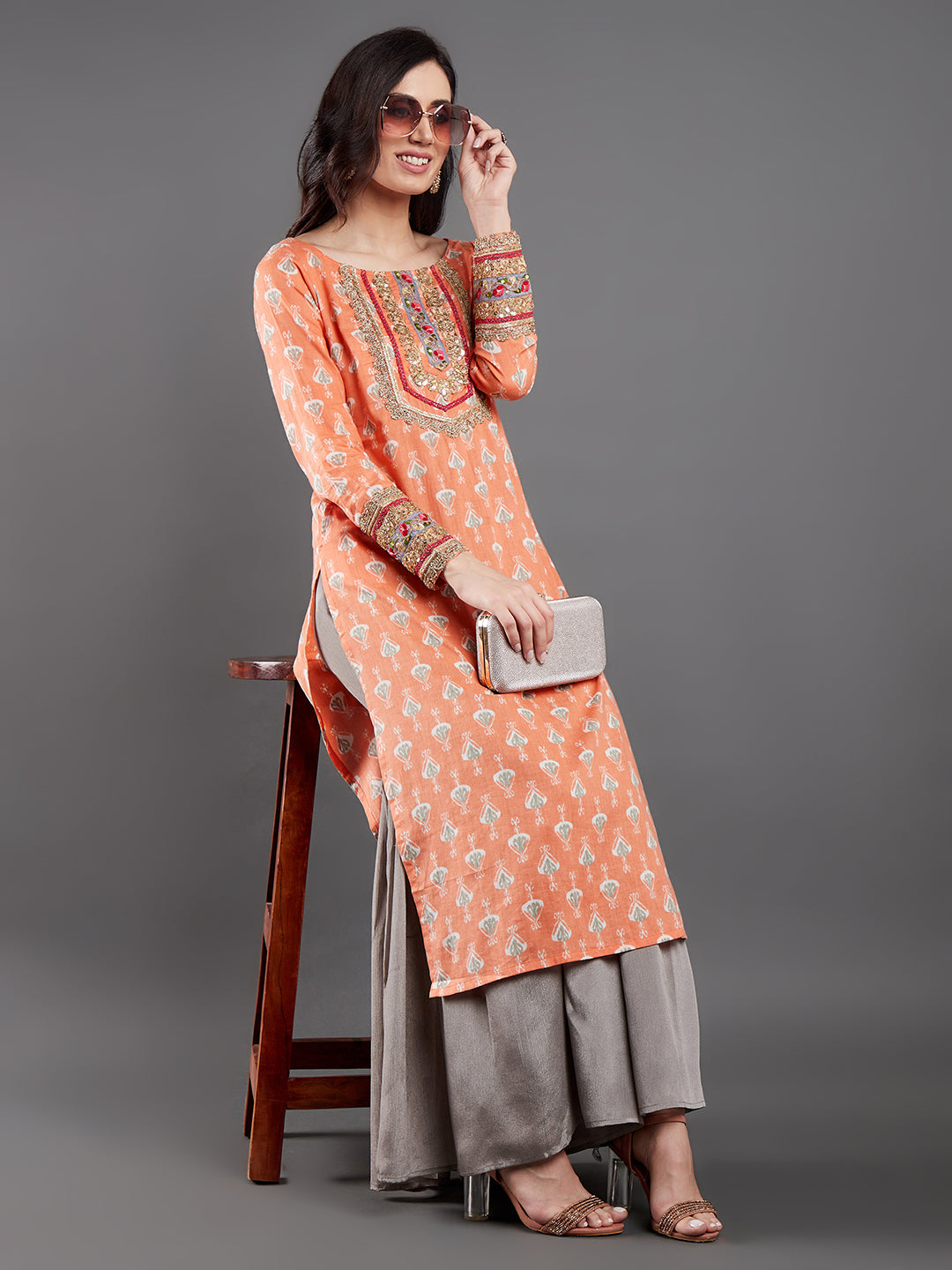 Peach Printed Kurta With Lace Details
