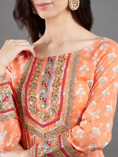 Peach Printed Kurta With Lace Details
