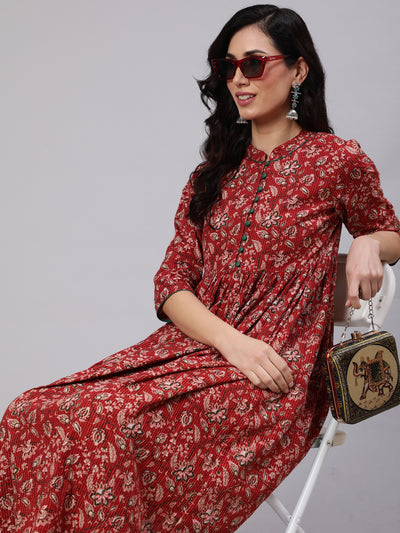 Red Floral Print Kantha Work Gathered Kurta