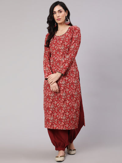 Red Floral Print Kantha Work Kurta