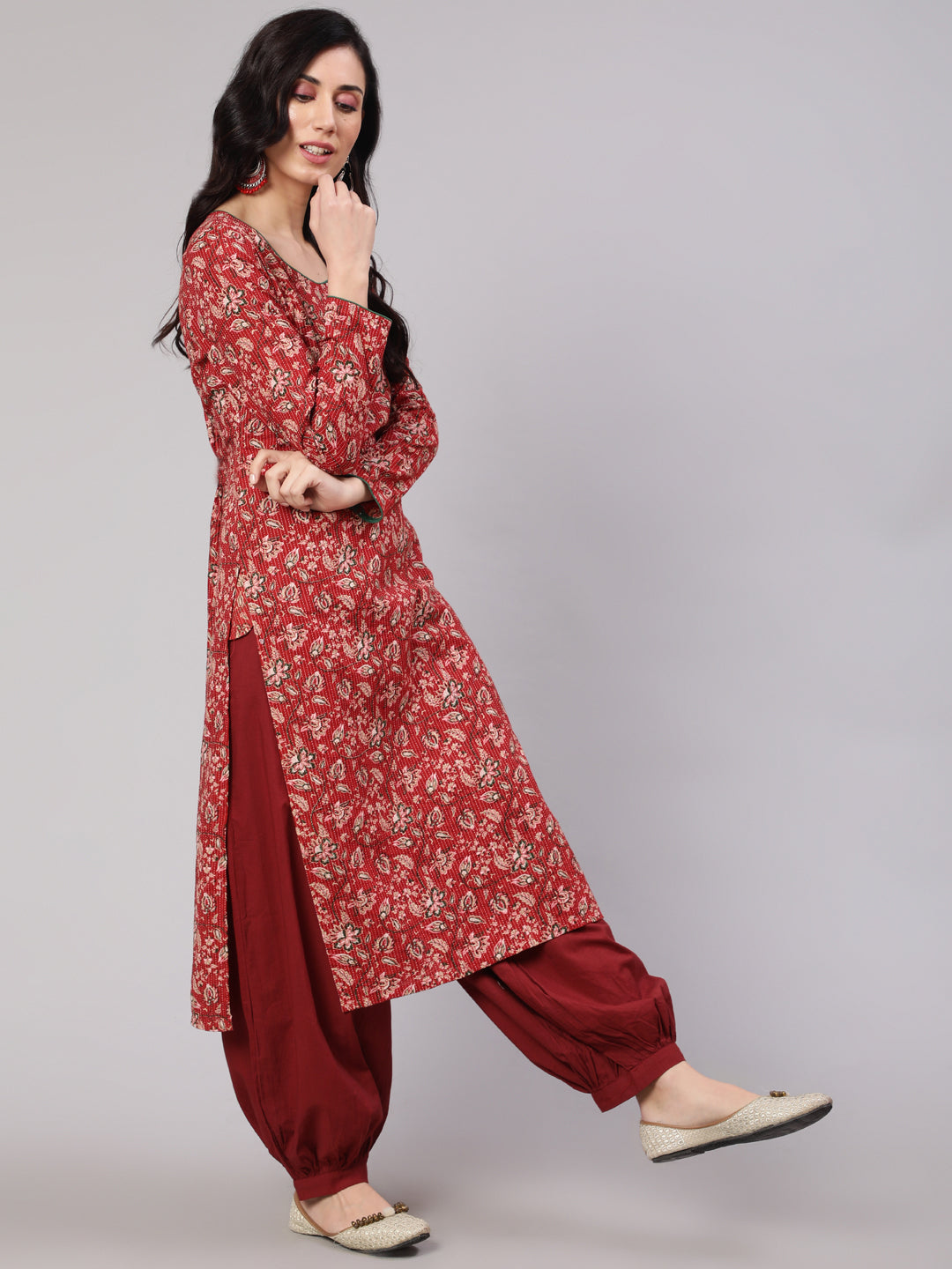 Red Floral Print Kantha Work Kurta