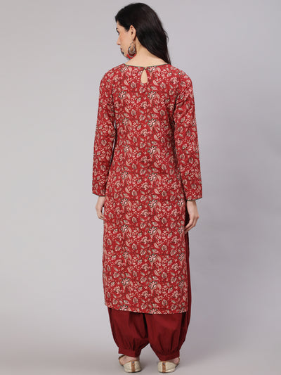 Red Floral Print Kantha Work Kurta