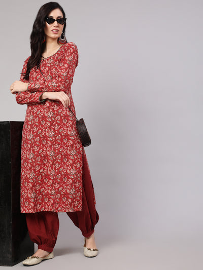 Red Floral Print Kantha Work Kurta