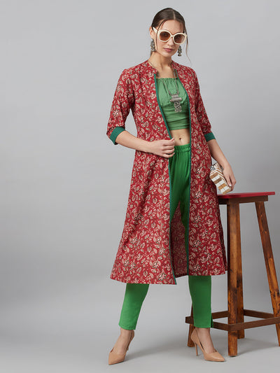 Maroon Floral Print Kantha Work A-Line Jacket