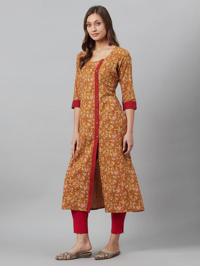 Mustard Floral Print Kantha Work Button Down Kurta