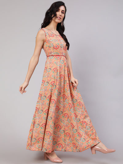 Peach Floral Print Flared Maxi Dress