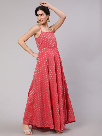 Red Woven Design Flared Maxi Dress