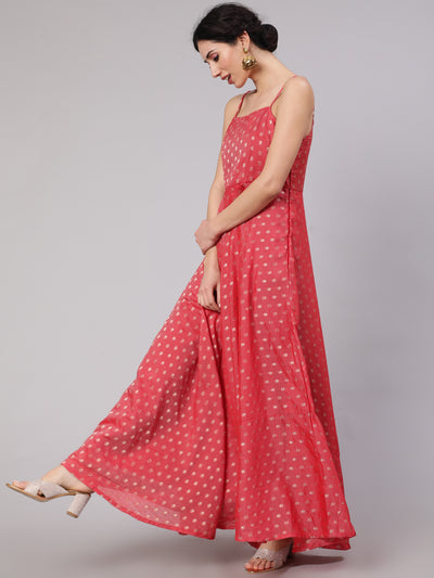 Red Woven Design Flared Maxi Dress