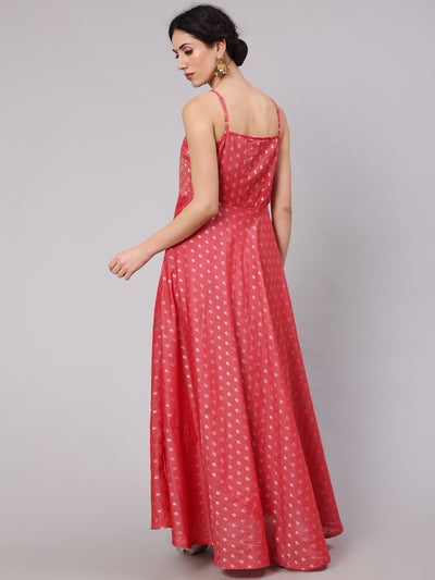 Red Woven Design Flared Maxi Dress