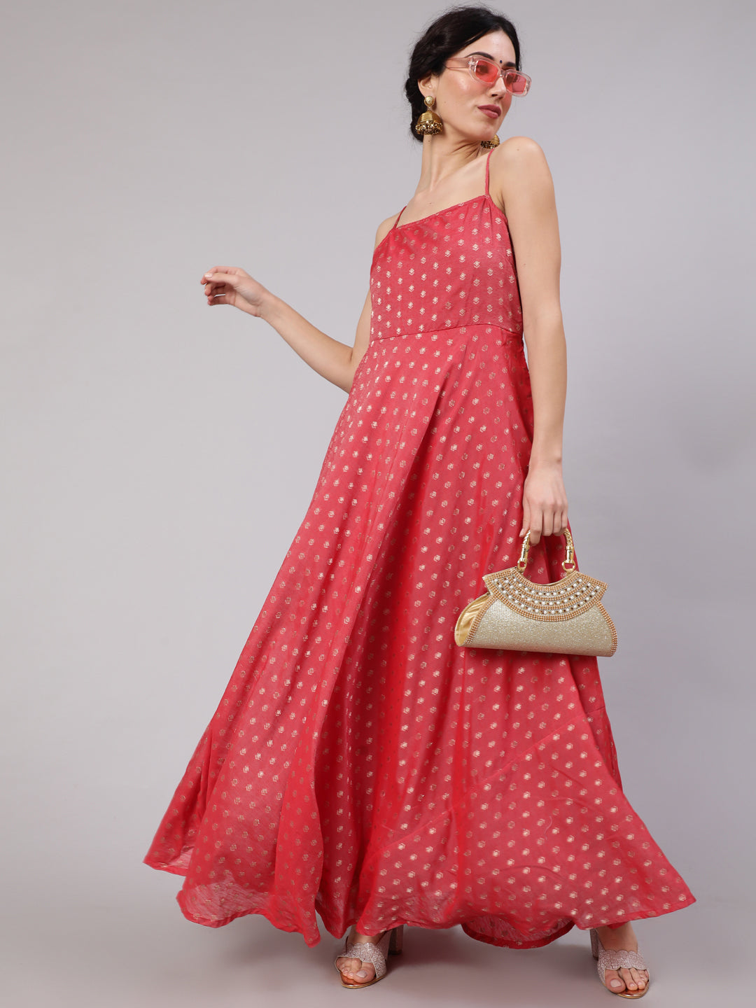 Red Woven Design Flared Maxi Dress