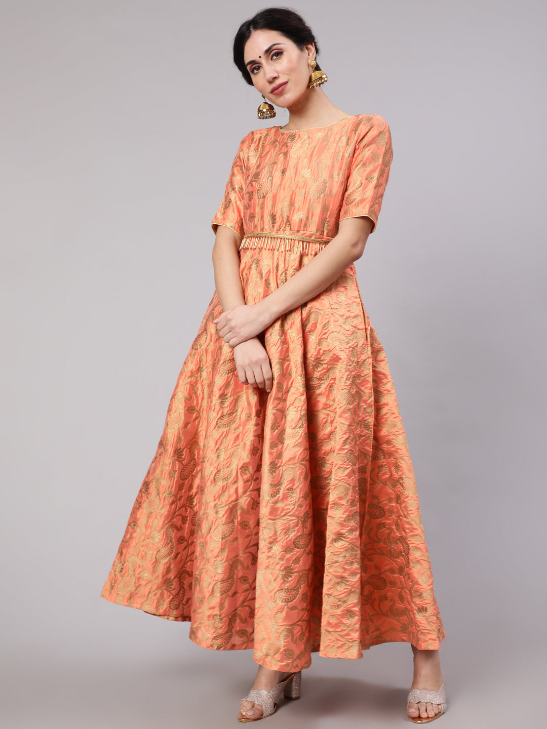 Orange Jacquard Zari Work Flared Maxi Dress